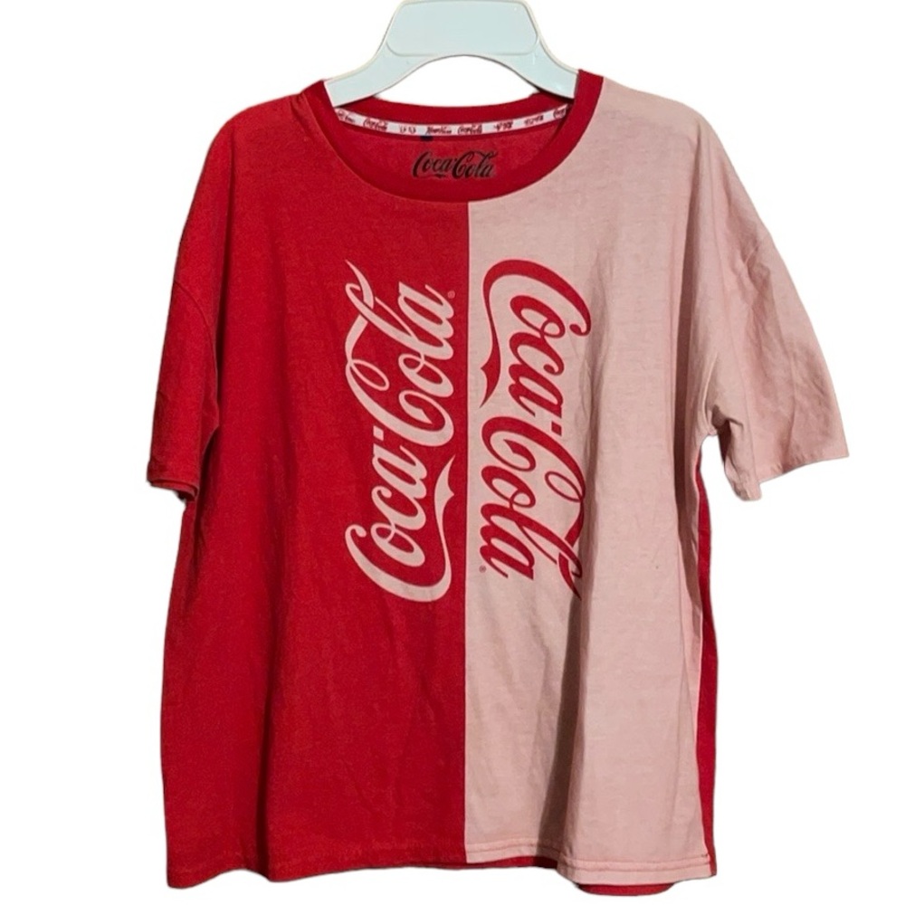 •COCA-COLA•RED/PINK OVERSIZED COLORBLOCK COCA-COLA LOGO CREWNECK TEE SIZE XS